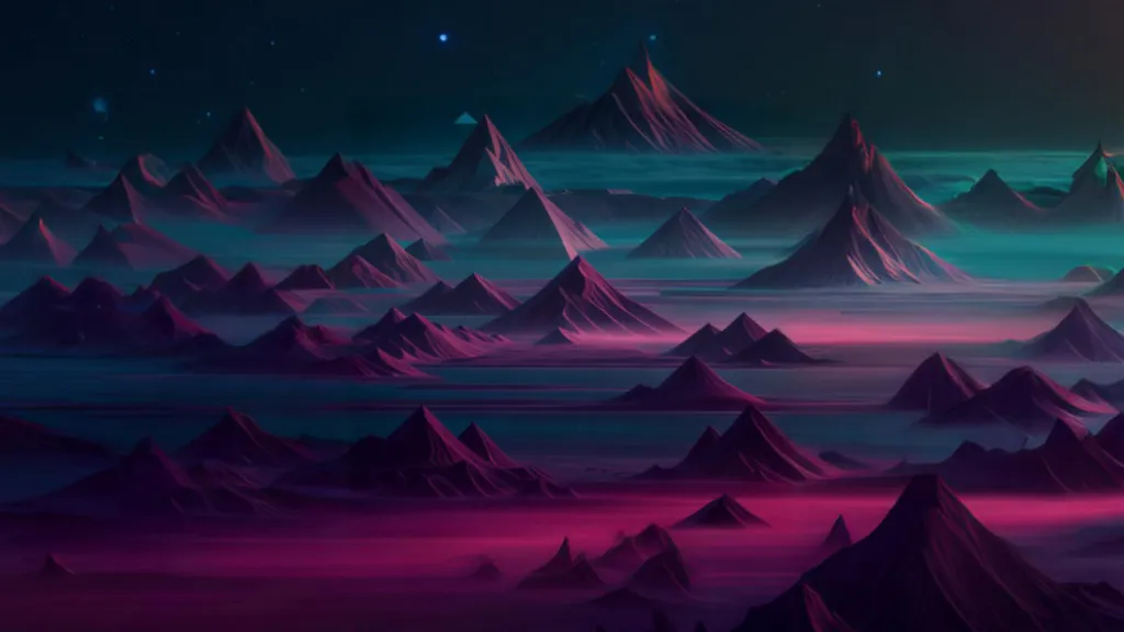 a futuristic landscape with mountains and stars in the sky