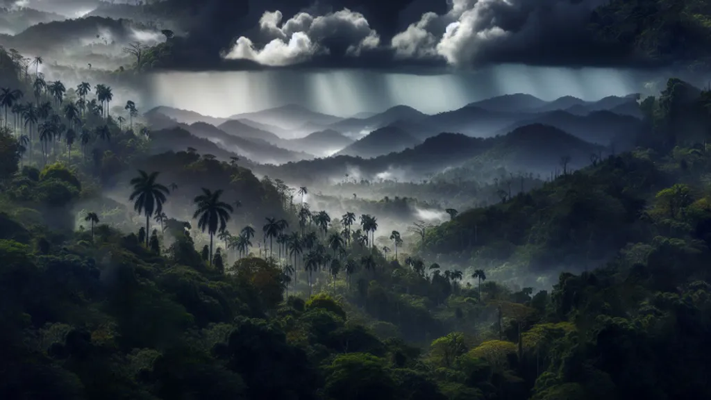  a tropical forest with sun rays coming through the thunder storm clouds