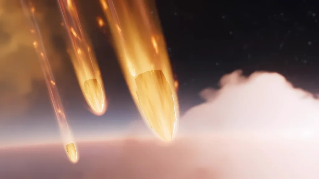 three rockets flying through the sky