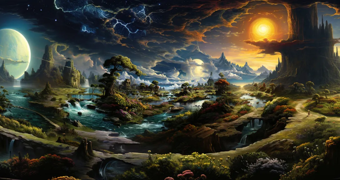 a painting of a fantasy landscape with a waterfall