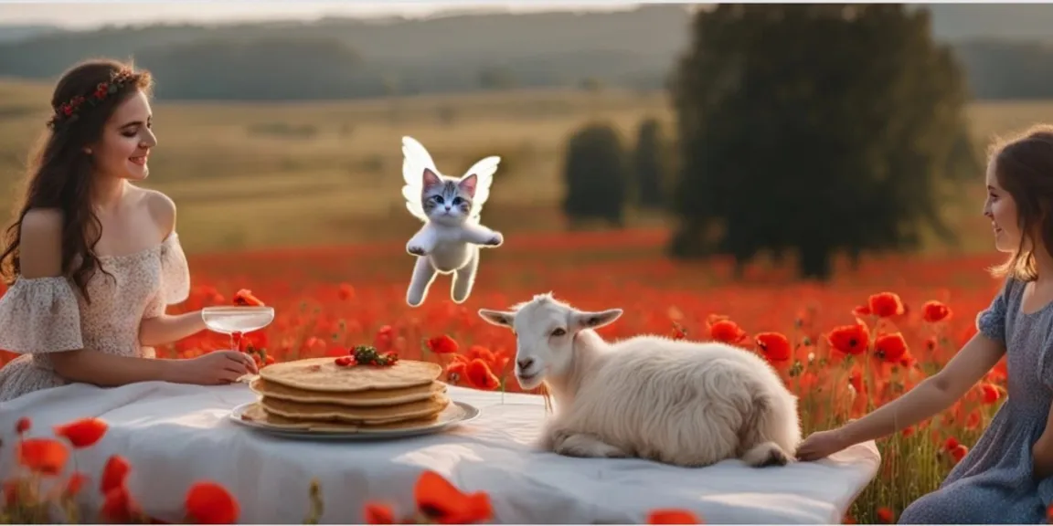 two girls sitting in a field with a cake and a goat