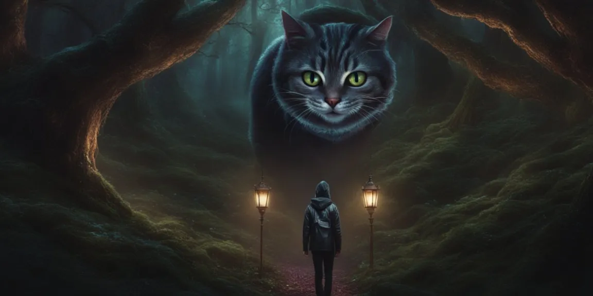 cheshire cat standing in the middle of a forest next to a person