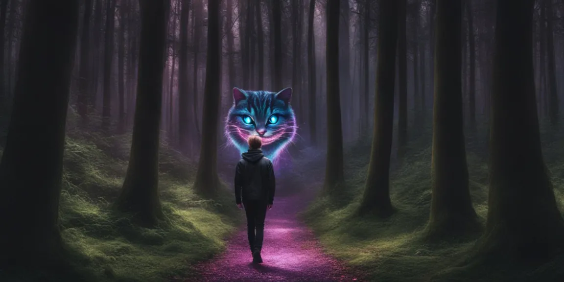 cheshire cat is standing in the middle of a forest