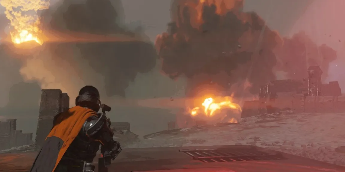 a man standing in front of a huge explosion