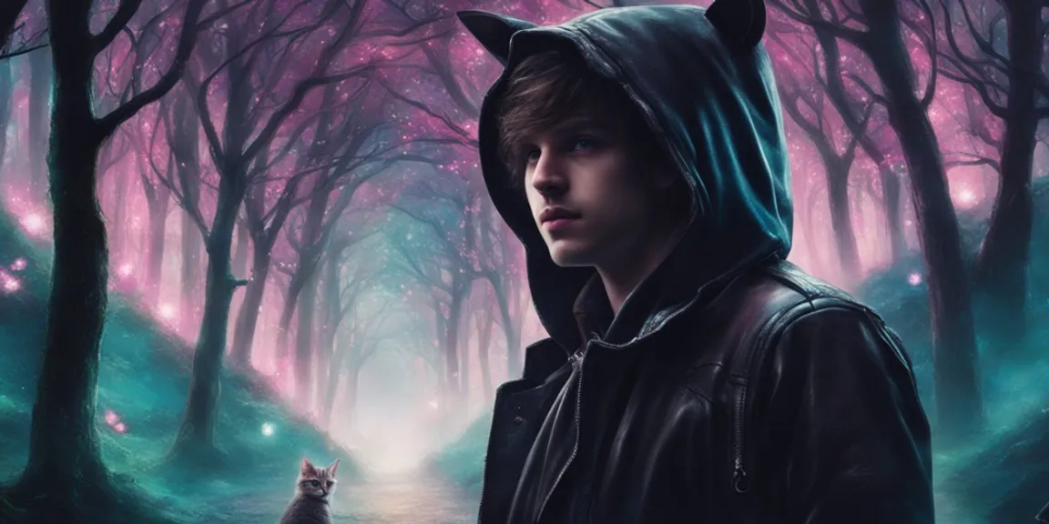 a man in a hoodie standing in a forest of cheshire cat