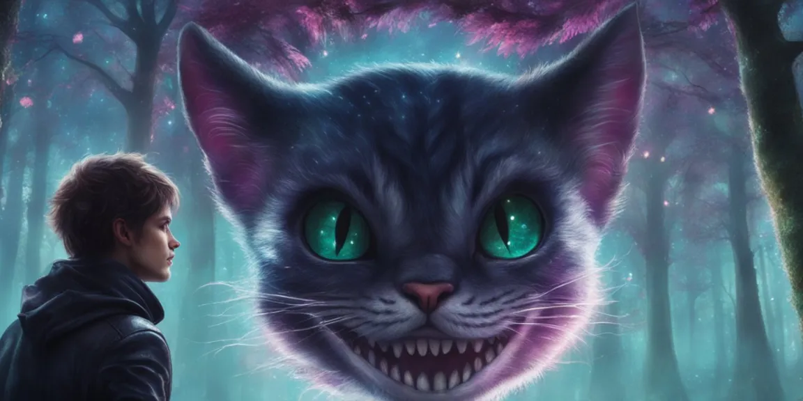 a man and cheshire cat with green eyes