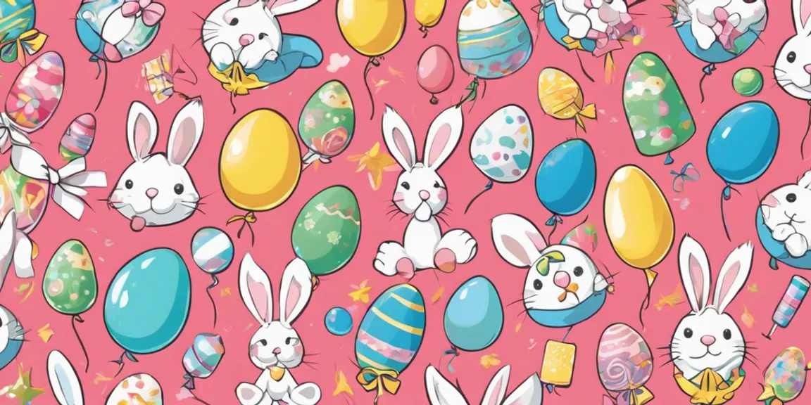 a pink background with many different colored eggs and bunnies