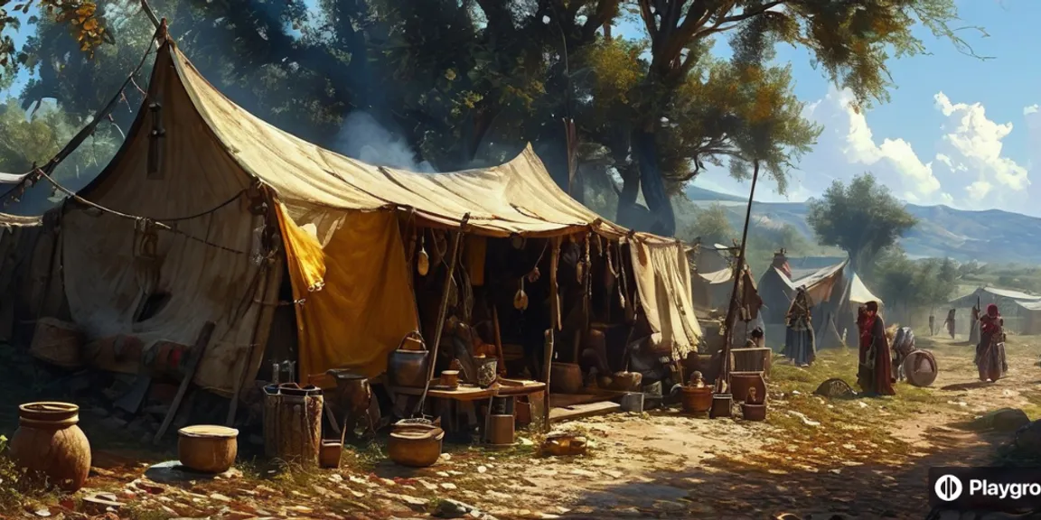 a group of people standing outside of a tent