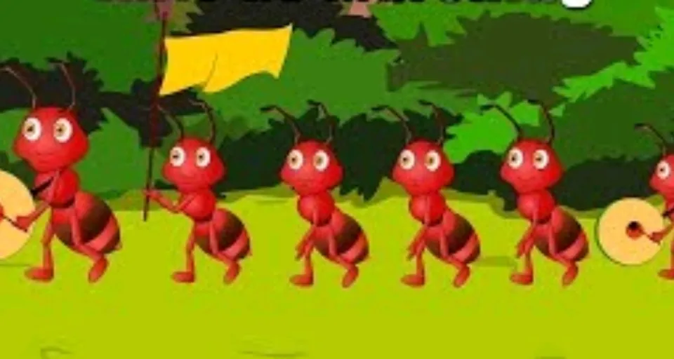 a group of red ants playing a musical instrument