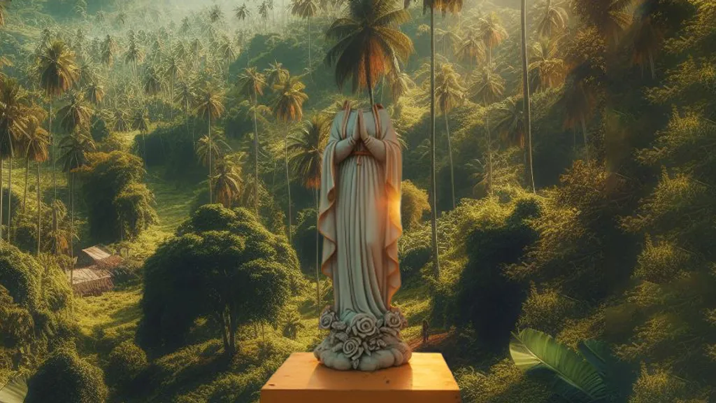 a statue broken head in the middle of a lush green forest