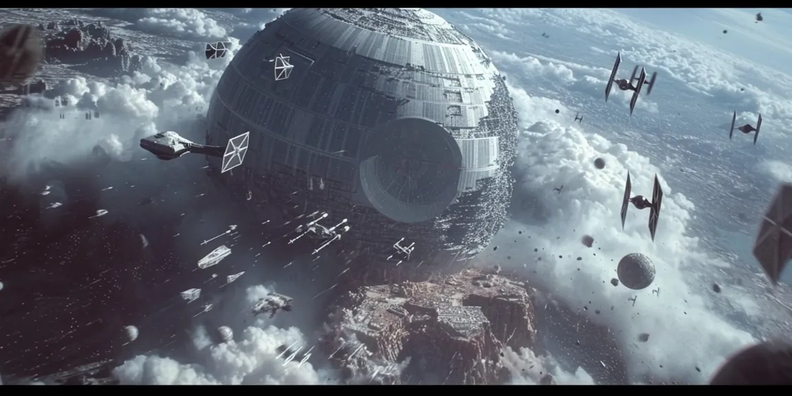 movie still, collision of an X-Wing and a Tie Fighter above the Death Star, The Empire Strikes Back, cinematic, urban