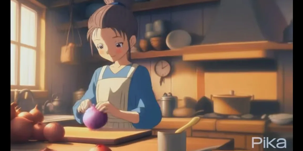 A single overhead shot of a woman cutting carrots on a sleek, minimalist kitchen counter with a neutral color palette