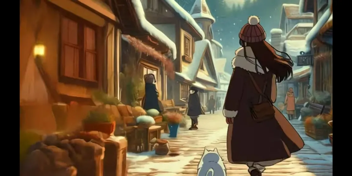 A young woman walking down a snowy street, with warm lights twinkling around her, creating a magical winter atmosphere