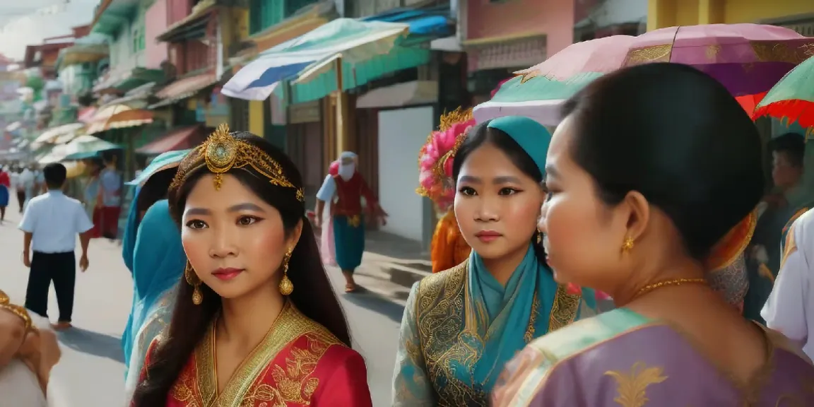 The camera captured the back of a foreign female tourist as the foreign tourist walked forward. At this time, a woman wearing traditional Malay clothing came towards him on the road in the city.