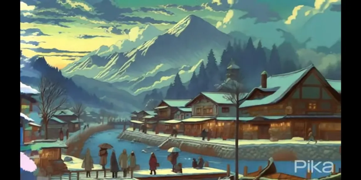 a painting of people walking in the snow