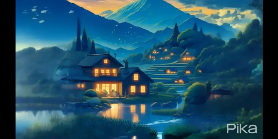 a painting of a house in the middle of a lake