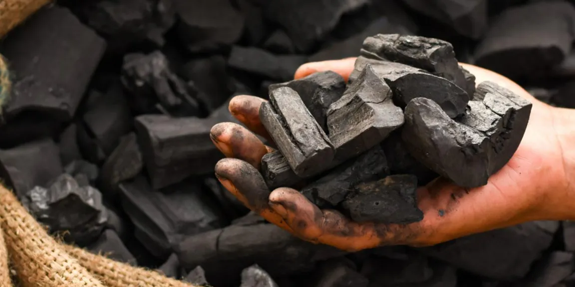 a person holding a pile of coal in their hand, 3d animation