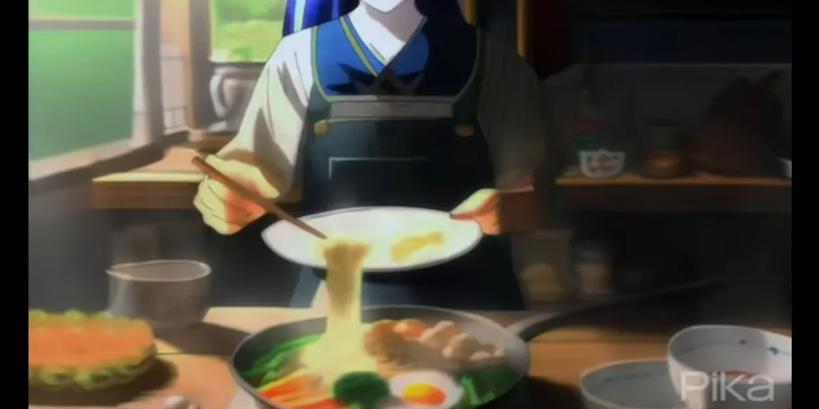 a woman in an apron is cooking food