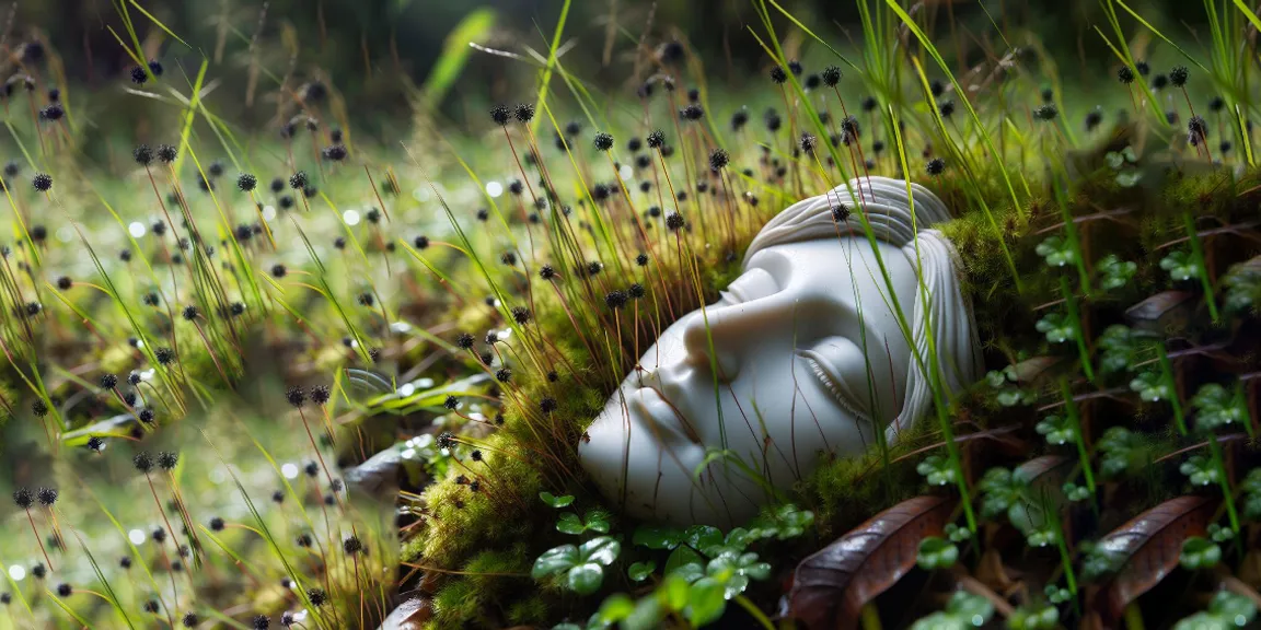 a white mask of virgin Mary laying in the middle of a lush green field