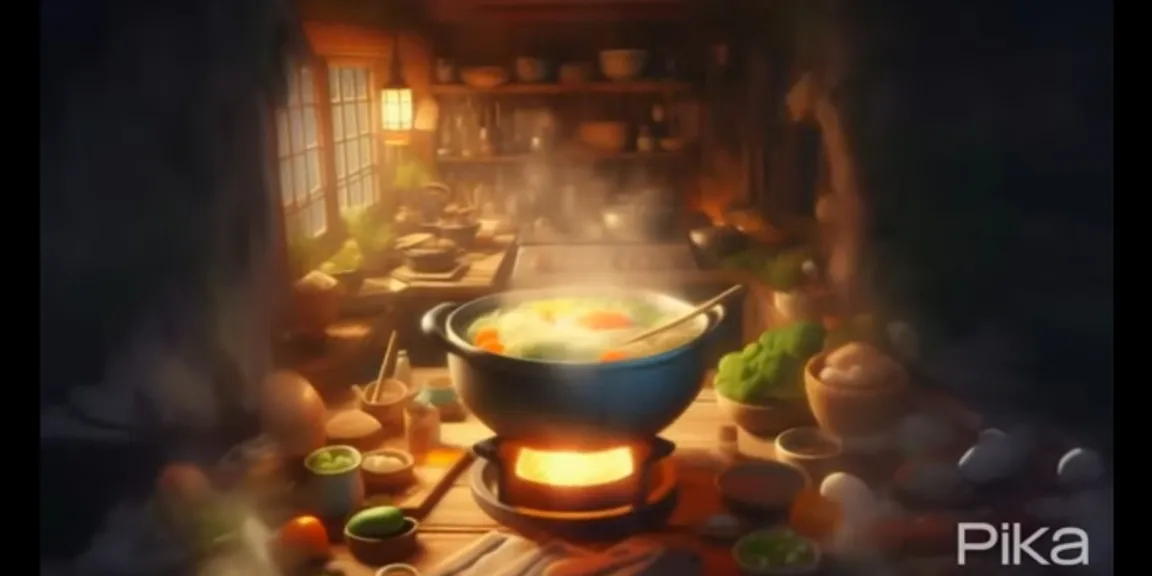 A woman cooking noodles in an old-fashioned kitchen, with vintage appliances and retro color palettes