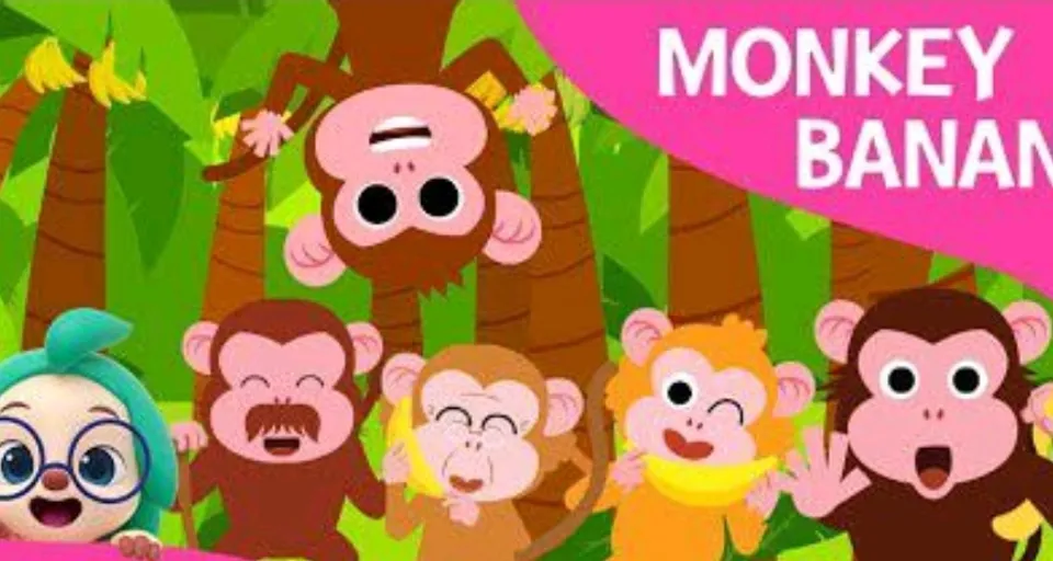 a group of cartoon monkeys standing in the middle of a jungle and eating banana