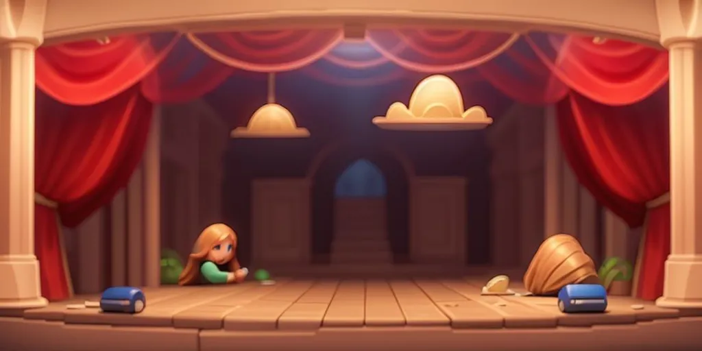 a cartoon scene of a stage with a little girl sitting on the floor