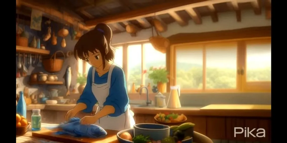 a woman standing in a kitchen preparing food big fish