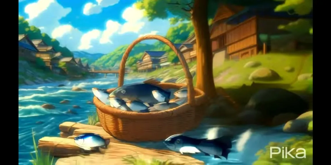 a painting of a basket full of fish