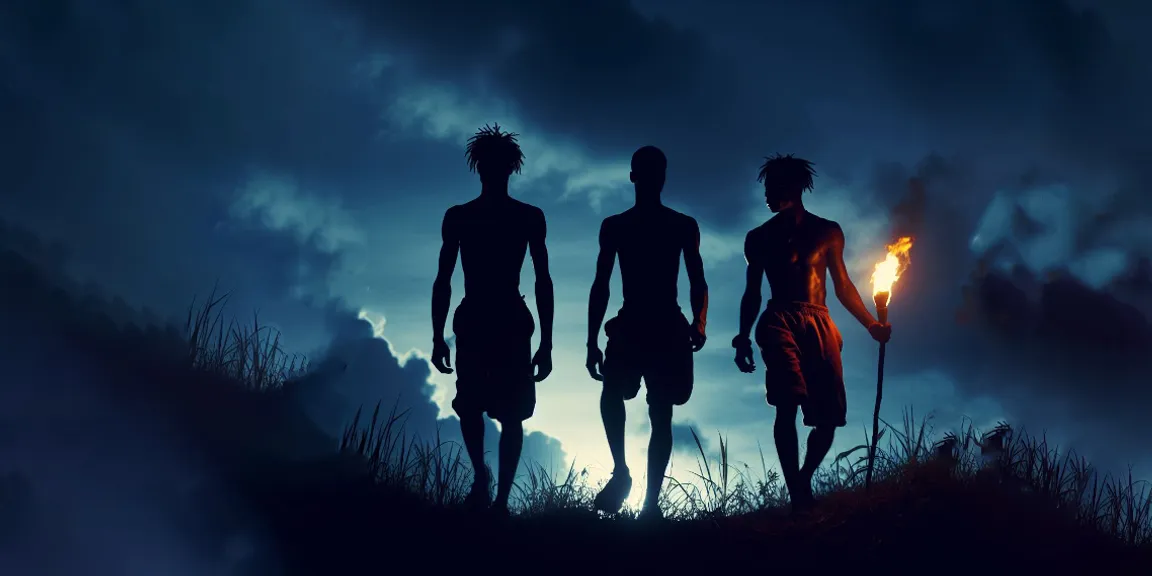 silhouette of  3 men walking up a hill next to each other, night