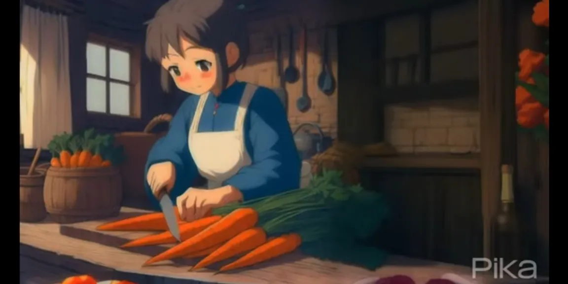 a woman cutting carrots on a table in a kitchen