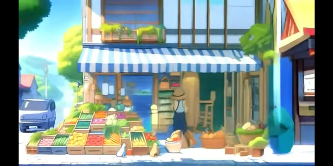 a cartoon picture of a store front with fruit and vegetables on display