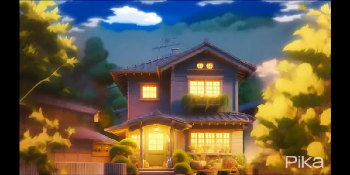 A painting of a cozy, countryside house on a quiet, moonlit night