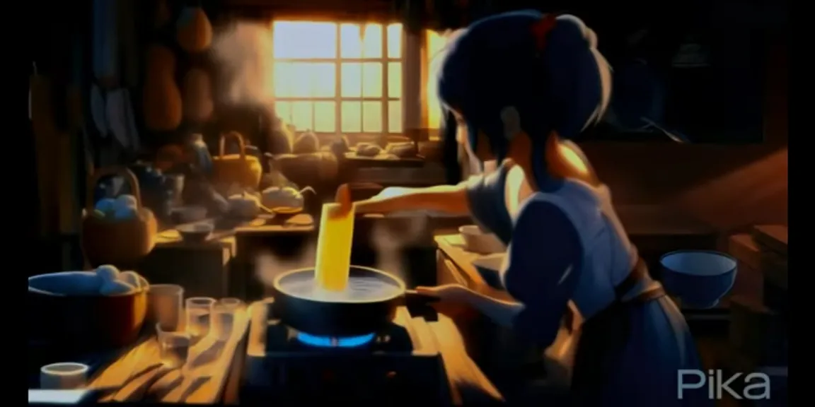 a painting of a woman cooking in a kitchen noodles