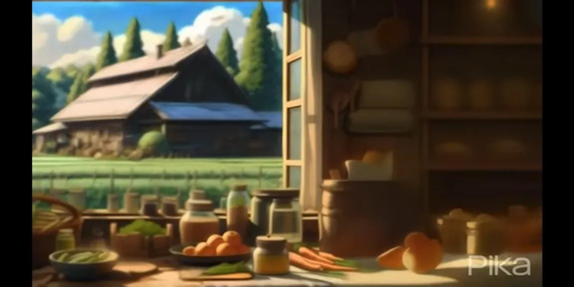 a painting of a kitchen with a view of a farm