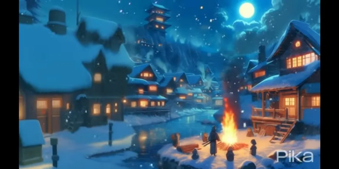 a painting of a snowy village with a fire