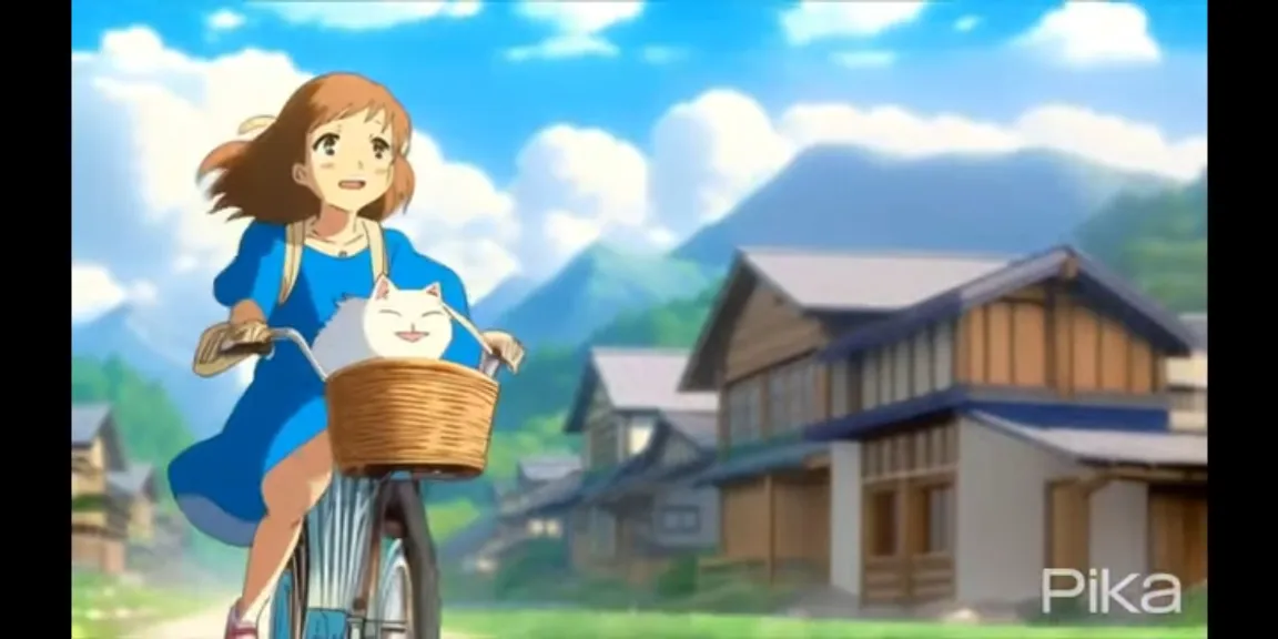 A girl dress color pink rides a bike with a cat 