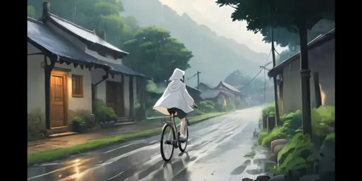 a person riding a bike down a rain soaked street