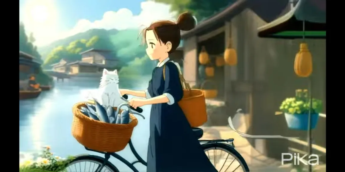 a woman riding a bike with a cat and fish in a basket