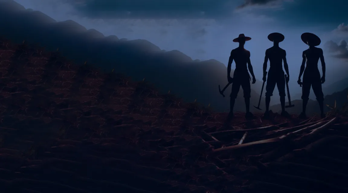 three silhouettes of three Caribbean men with hammers standing looking at something