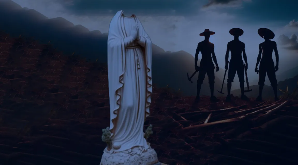 three silhouettes of three Caribbean men with hammers standing looking at a statue