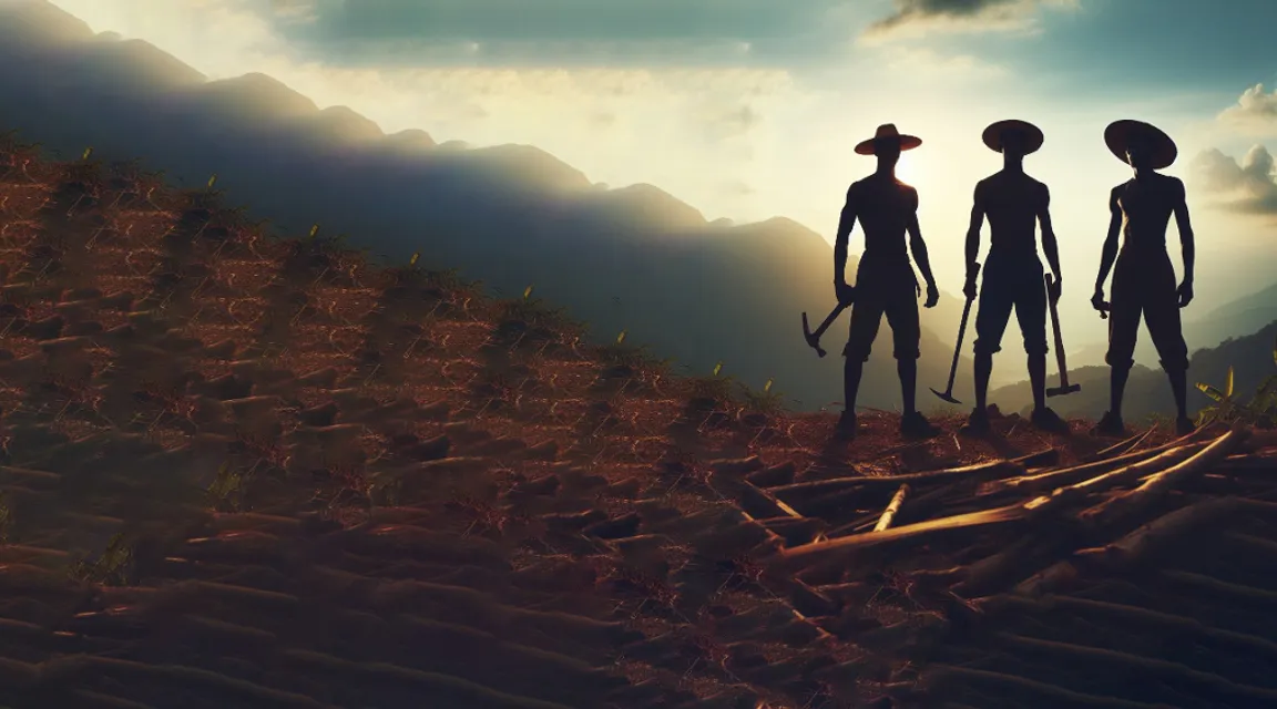 three silhouettes of three people with hammers standing looking at something