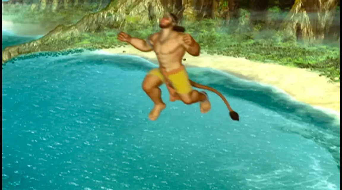 a hanuman jumping into a pool of water