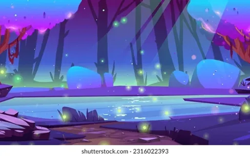 a digital painting of a landscape with a pond and trees, fireflies