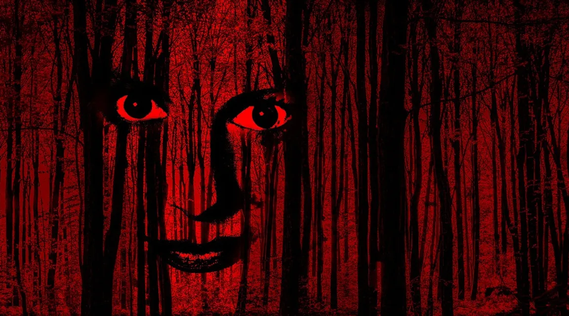 a creepy face in the woods with red eyes