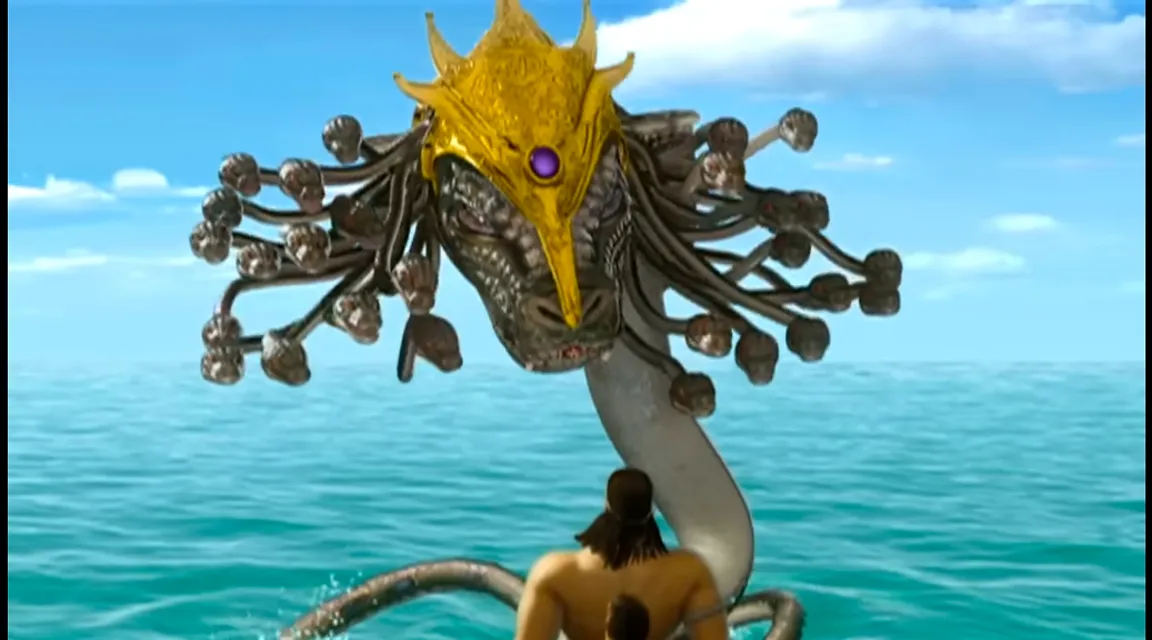 a man standing on top of a body of water next to an octopus