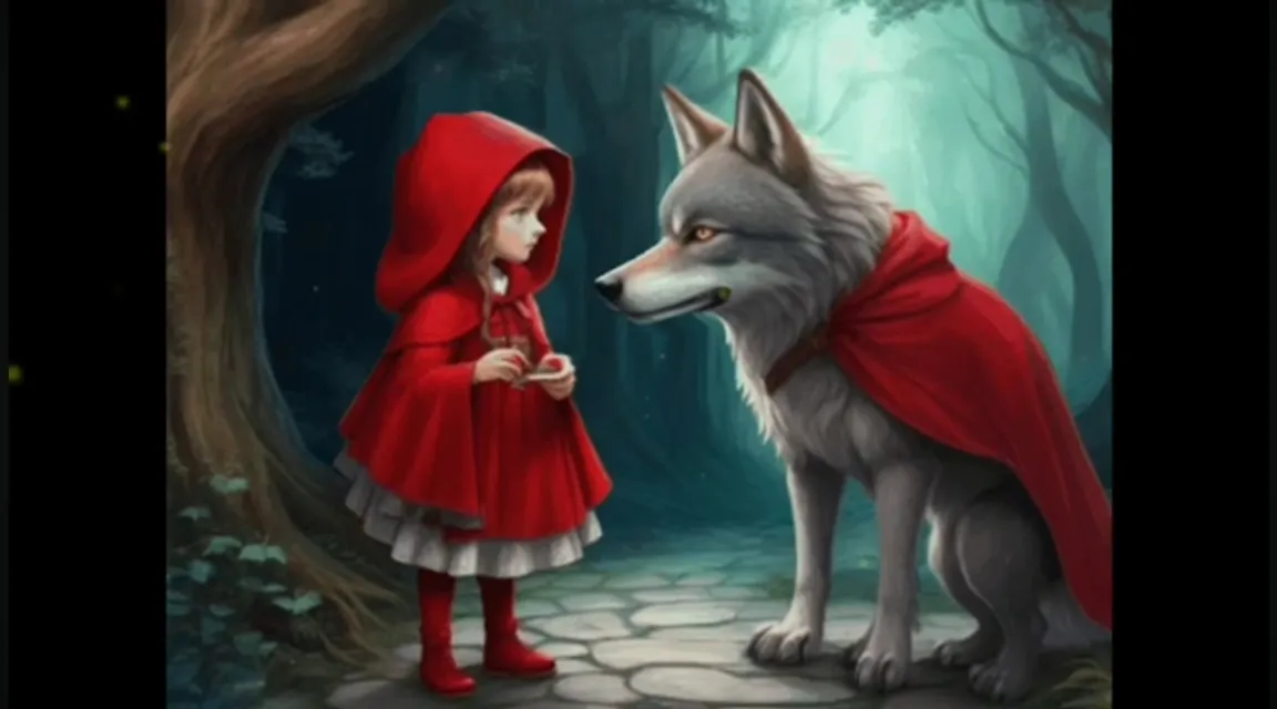 a painting of a little girl and a wolf