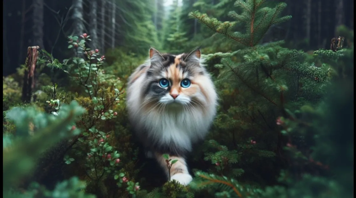 a cat with blue eyes walking through a forest