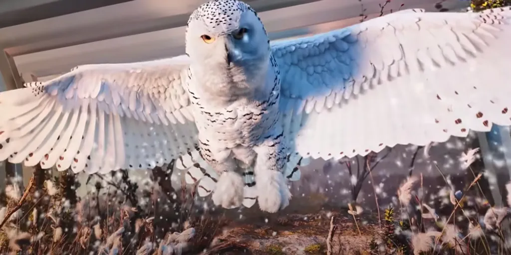 a large white owl with wings spread out