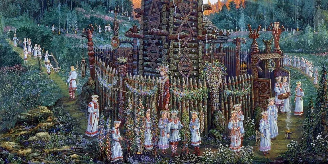 a painting of a castle surrounded by people