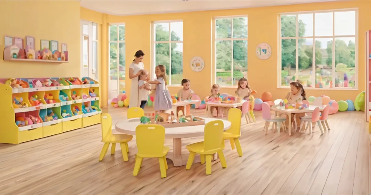 a child's playroom with yellow chairs and tables and children's toys, baby dolls, beautiful, dolls are playing, dolls are smilling